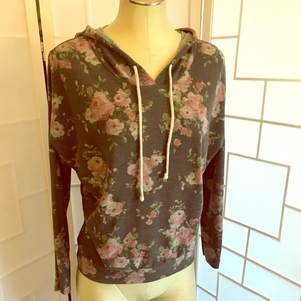 Grey floral rose pullover hoodie